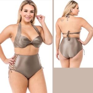 Plus-Size Halter High-Waist Bikini in Taupe